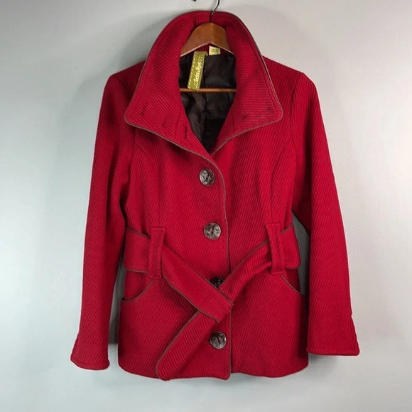 SOIA & KYO Deep Red Ribbed Wool Blend Belted Jacket Coat High Neck Pockets M - Picture 3 of 11